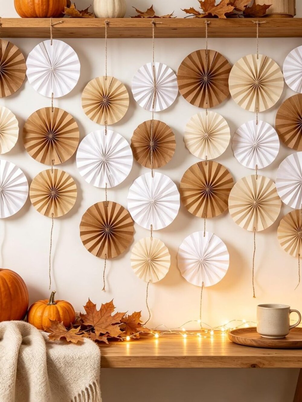 Boho Hanging Paper Fans Neutral Rustic Paper Fans Garland White Brown Party Deco
